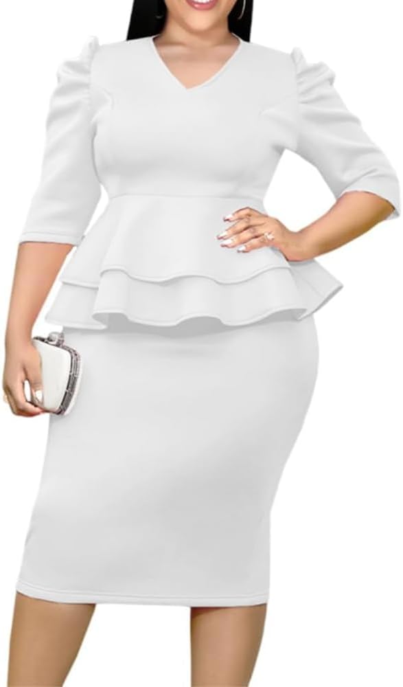 ONTINVA Women V-Neck Plus Size Peplum Dress Church Wear to Work Bodycon Short Sleeve Midi Dresses Valentine Outfits