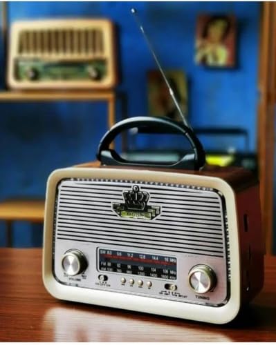 Retro Portable Radio Retro Radio with Handle, AM/FM/SW, MP3 Player, Blue LED Light, Beige Gold
