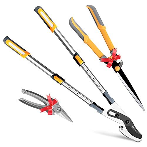 AIRAJ 3 Piece Gardening Shears Set with Telescopic Tree Lopper,Sharp Garden Hedge Shears and 7.5 in Pointed Pruning shear,Combo Garden Tool Set Tree & Shrub Care Kit