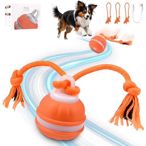 Interaktives Hundespielzeug, Hundespielzeug Unzerstörbar, Interaktiver Spielball für Hunde, Hundeball Elektrisch Ball mit Schwanz 3 Spielmodi 3 Kauschnüren USB,Intelligentes Hundespielzeug Ball(Orange