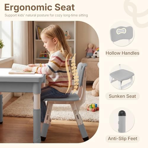 TODECARE 4 in 1 Kids Table and 4 Chairs Set, Reversible Tabletop, Gray — view 6