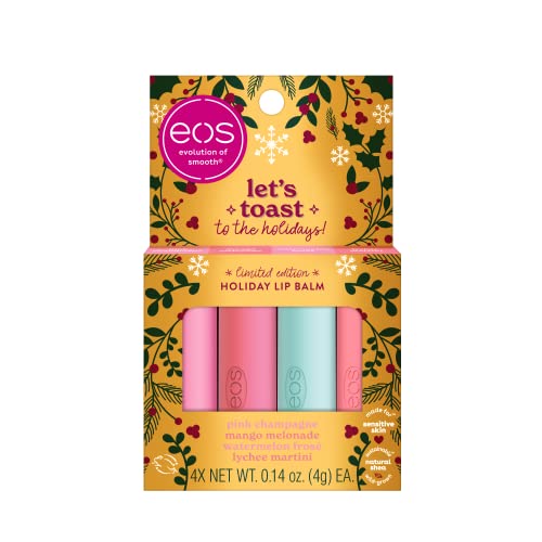 EOS Limited Edition Holiday Lip Balm Set- Pink Champagne, Mango Melonade, Watermelon Fros & Lychee Martini, All-Day Moisture, 0.14 oz, 4-Pack, Clear