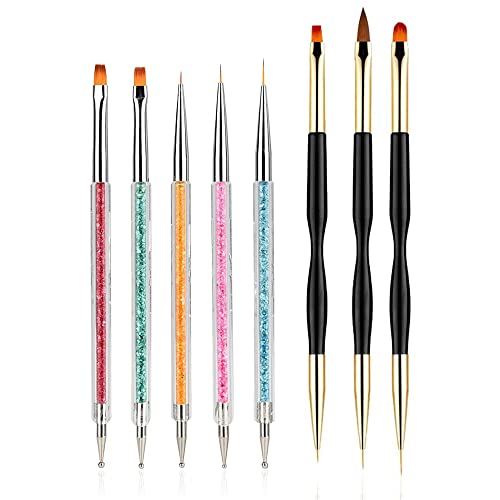 FULINJOY 8PCS Nail Art Brushes, Double-Ended Brush and Dotting Tool Kit, Dual End Nail Art Pen Brush Acrylic Round Flat Painting Drawing Liner Nail Tools