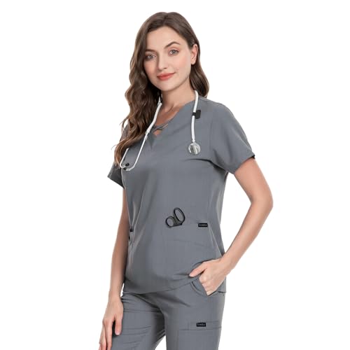 Image of VIAOLI Scrubs for Women Set Modern V-Neck Top & 8 Pocket Jogger Pants Nursing Uniform Solid Stretch Workwear