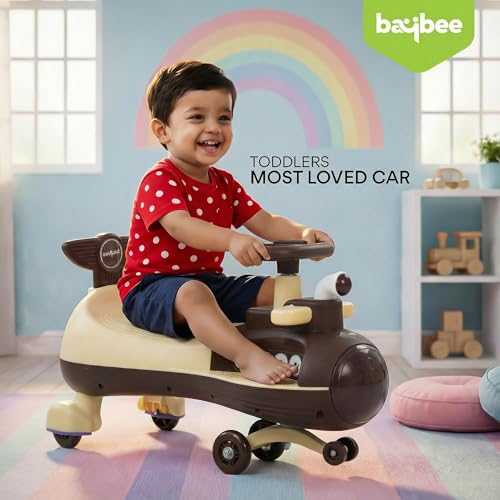 Image of Baybee Diver Baby Swing Cars for Kids | Indoor Wiggle Push Baby car with Floor Lights | Twister Ride on Kids Car with RGB Lights, Music & Backrest | Magic Car for Kid 2 to 5 Years (Brown)