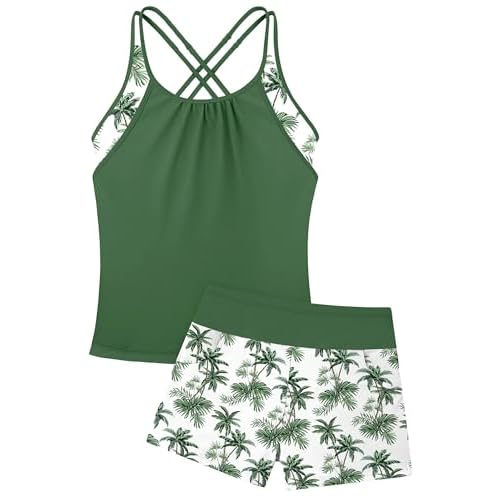 Girls Tankini Swimsuit Two Piece Cross Straps Back Bathing Suits with Pockets Shorts Kids Swimwear Sets 5-16 Years Green Coconut Tree 11-12 Years