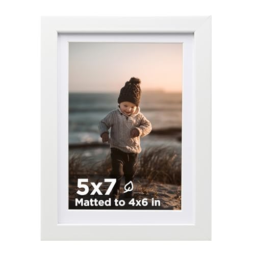 KINLINK 5x7 Picture Frame White Wooden Photo Frame Matted 4x6 with Plexiglass for 4x6 with Mat or 5x7 without Mat for Table and Wall Display