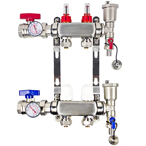 WiseWater 2 loop Radiant Heat Manifold, PEX Tubing Radiant Heat Manifolds with Compatible Outlets, for Hydronic Radiant Floor Heating (1/2" PEX adapters included)