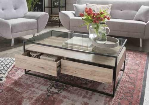 möbelando Couchtisch >2073< in Sonoma Eiche, Glas - 110x42cm (BxH)