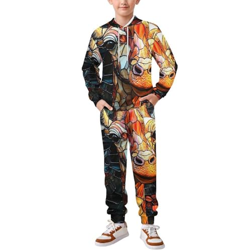 Boy's Girl's Hooded Tracksuit Pullover Sweatshirt Jogging Pants Sweatsuit, Giraffe Stained Glass Art