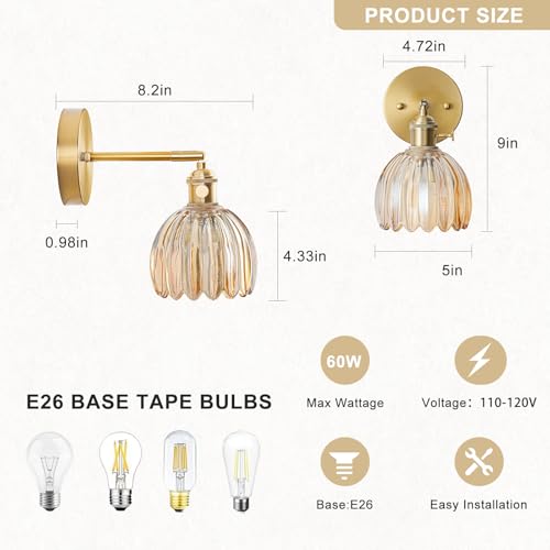 Image of Hardwired Wall Sconce Light, Vintage Wall Sconce with Switch, Gold Wall Light Fixture with Tulip Amber Glass Lampshade, Indoor Wall Light for Bedroom Bathroom, Bedside Wall Lamp