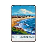 XIAJVS Huntington Beach Travel Poster Wall Decor Vintage Aluminum Signs Metal Posters for Kitchen Bar Room Bedroom Bathroom Decoration 8x12 Inches