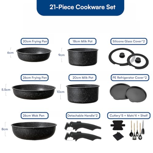 Image of House of Quirk 21 Pcs Maifan Stone Non Stick Ceramic Cookware Set | Pots & Pans with 2 Detachable Handles | Removable Handle RV Kitchen Cooking Set | Oven Safe, Induction Ready, Stackable (Black)
