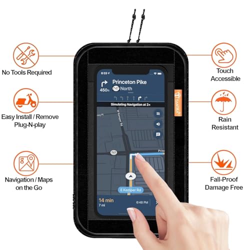 Image of Polyester Handlebar Universal Mobile Holder Mount Pouch Bag Waterproof for Activa Jupiter EV Ola-S1 Pleasure Ntroq All Scooter Scooty Bike Fit 7 inches Phone (Black)