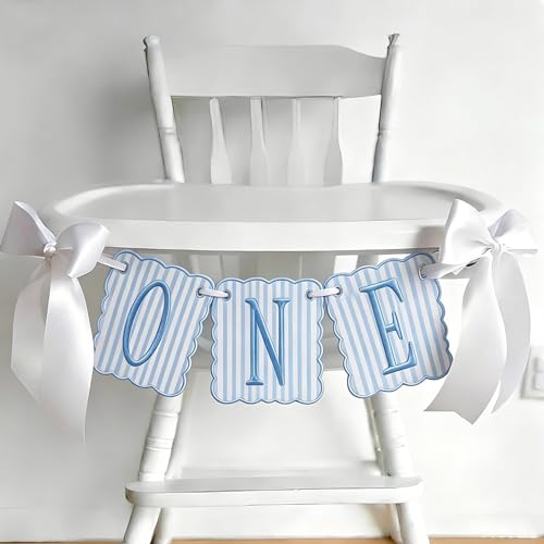 Image of Blue and White Striped ONE High Chair Banner Boy Light Blue Vertical Stripe Embroidered 1st Birthday Highchair Banner First Birthday Decorations for Boy (Blue Stripes)