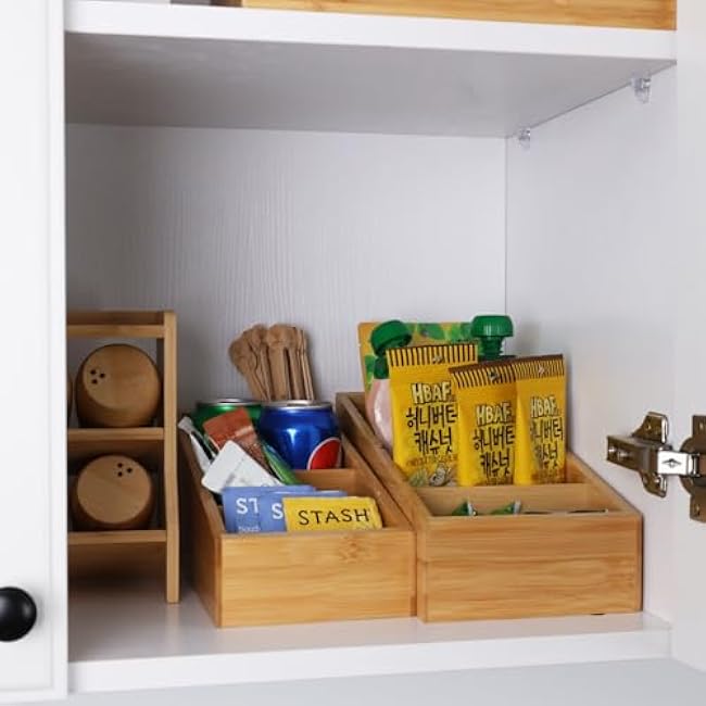 HTB 4-Section Snack Organizer with Removable Dividers for Kitchen, Cabinet, Office, Countertop, 2 Pack Bamboo Pantry Storage Organization for Spice Packets, Seasoning Pouches, Coffee Pods
