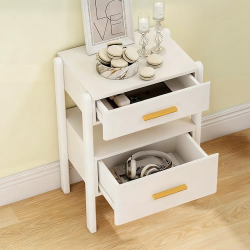 Image of Nightstand with 2 Drawers and Open Shelf Wooden Bedside Table (White---1)