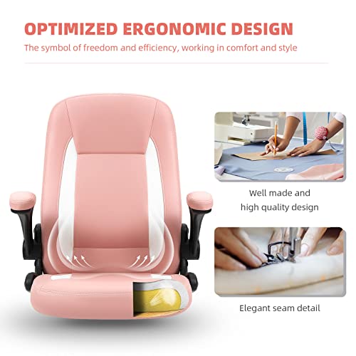Pink Desk Chair Ergonomic Office Chair Lumbar Support Desk Chairs With Wheels And Flip-Up Armrest Adjustable Pu Leather Computer Chair Backward Tilt #TOP1