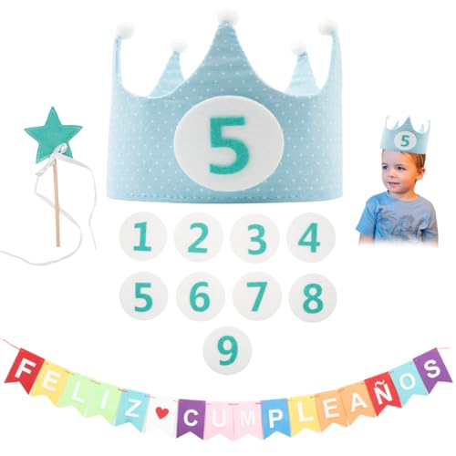 Corona Cumpleaños con Números Intercambiables 1, 2, 3 Años al 9, Set de Fiesta Cumpleaños Infantil Corona Cumpleaños Varita y Guirnalda de Feliz Cumpleaños - Ideal para Cumpleaños (AZUL)