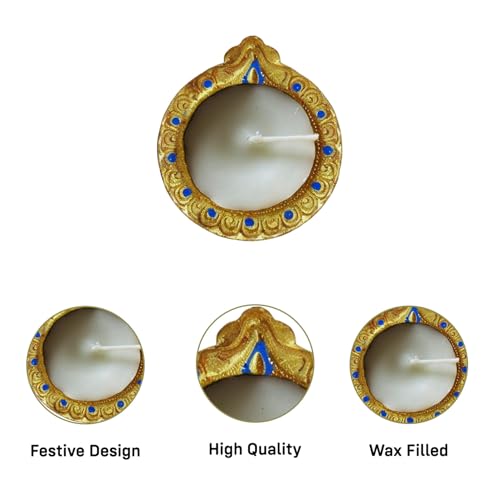 Image of Party Propz Golden Wax Filled Clay Diya for Puja - Set of 4 Wax Diya for Decoration, Pooja Decoration Items for Home, Teracottas Diyas for Puja Decorations Items, Clay Diyas for Pooja