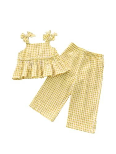 Image of SHENHE Toddler Girl's Gingham Outfit 2 Piece Cute Gingham Bow Ruffle Peplum Top and Pants Birthday Set