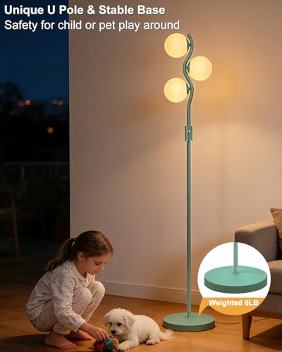 Image of Lightdot 60IN Green Floor Lamp Stepless Dimmable Globe Floor Lamps with 3Pcs 3000K Bulbs Eye-Friendly Mid Century Standing Lamps with 5Lbs Heavy Base for Living Room /Bedroom /Corner