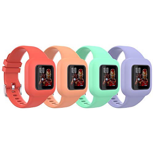 TiMOVO Correa de Reloj Compatible con Garmin Vivofit jr 3, [4 pcs] Banda de Reloj Respirable y Reemplazable, Pulsera Ajustable de Silicona para Niños - Rojo & Naranja & Verde Claro & Morado Claro