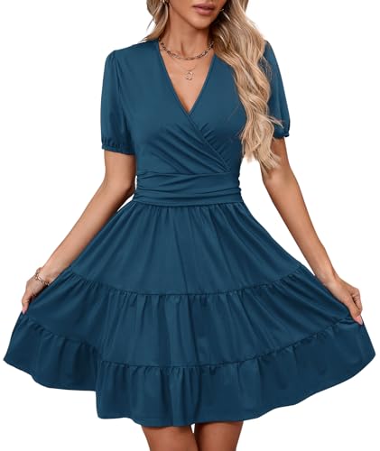 Image of Women's Casual Summer Dress V Neck Short Sleeve Flowy Stretchy Comfort Fit for Daily Wear Work Midi Dresses