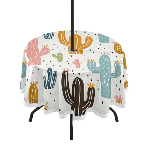 Wajiw 60 Inch Indoor Outdoor Round Tablecloth with Umbrella Hole and Zipper Waterproof Patio Table Cover for Camping Dining Room Party Outdoor Picnic,Cactus
