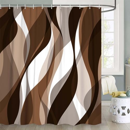 Rideau de douche marron 105x160cm en polyester imperméable à rayures avec 12 crochets - 3
