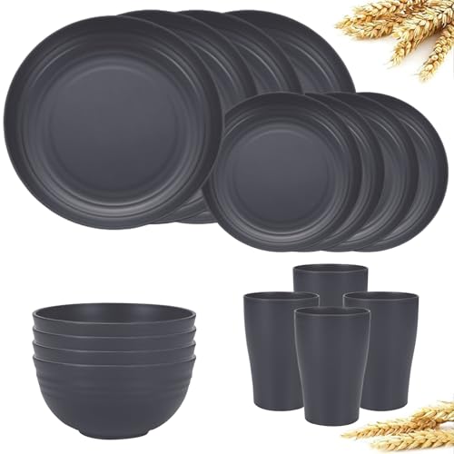 16 Pieces Plastic Dinnerware Set, Unbreakable Plates and Bowls Set - Microwave & Dishwasher Safe, Reusable Tableware for Camping, Picnics, and Everyday Use (Dark Grey)
