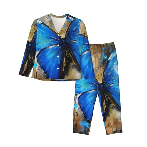 Pyjama assorti manches longues femme vêtement de nuit imprimé papillon bleu
