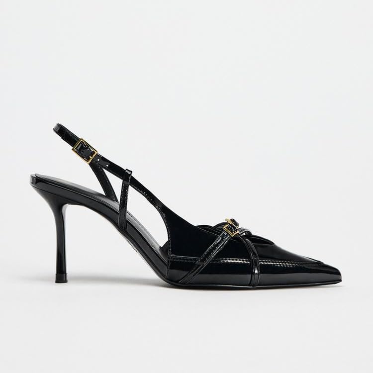 Slingback Heels for Women Closed Pointed Toe Kitten Dress Pumps with Buckle Straps Stiletto Work High Heels Denim Heeled Sandal2