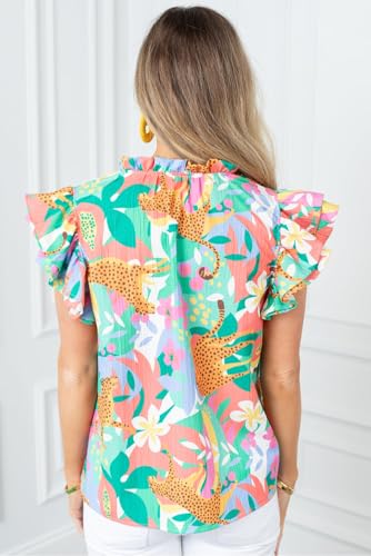 Green Frilly Ruffle Tie Split Neck Summer Floral Blouse2