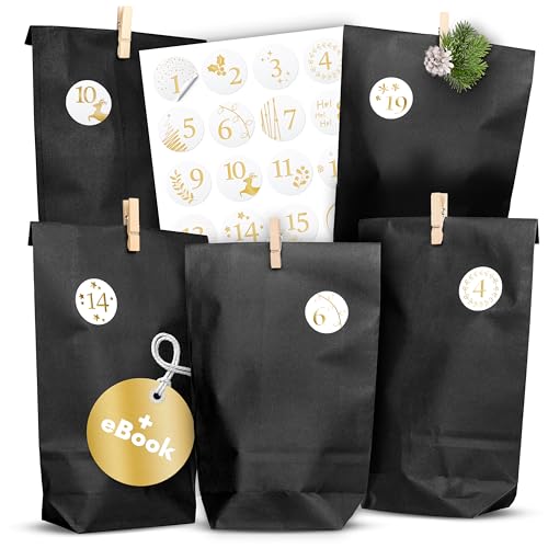 AMARI ® Adventskalender zum Befüllen - 24 Papier Adventstüten (mit Holzklammern) zum Basteln für...