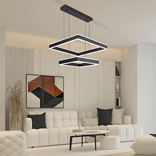 Behsig Modern Chandelier,Modern Led Chandelier,2 Rings Square Chandelier For Living Room,Adjustable Height,Chandelier Lighting Fixture High Ceiling Hanging Dining Room Led Pendant Light #TOP1