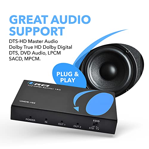 Orei Ultrahd 4K @ 60 Hz 1 X 2 Hdmi Splitter 1 In 2 Out 2 Port 2: 8-Bit - Hdmi 2.0, Hdcp 2.0, 18 Gbps, Edid, Duplicate / Mirror 4K Screens - Uhds-102 #TOP7