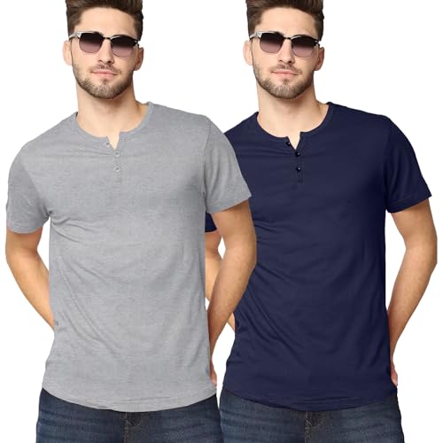 Image of LAZYCHUNKS Henley Neck Men's Cotton Half Plain Sleeves Slim Fit T-Shirt | Round Neck Men's Tshirt | Solid Colors | Summer Wear | - Multicolor