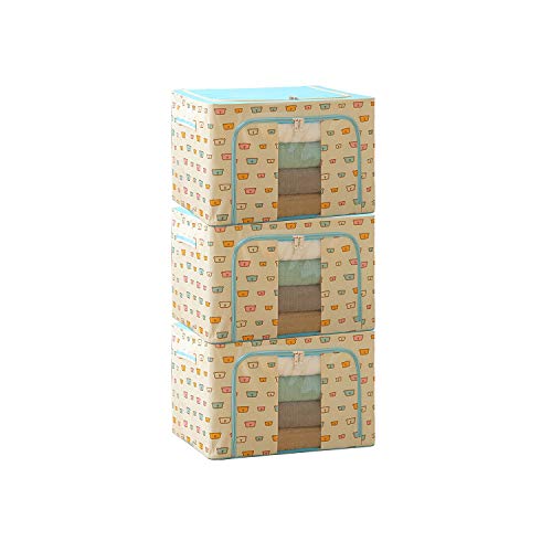 Steel Frame Storage Box Oxford Cloth Storage Box Quilt Storage Box Folding Wardrobe Fabric Extra Large Storage Bag (Blue Bearï¼š22L x 3Pcs)