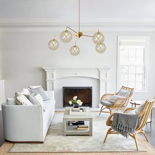 Image of Mid Century Modern Sputnik Chandelier Brass Gold Chandelier Cognac Clear Glass Globe Sputnik Chandelier for Kitchen Dining Room Bedroom