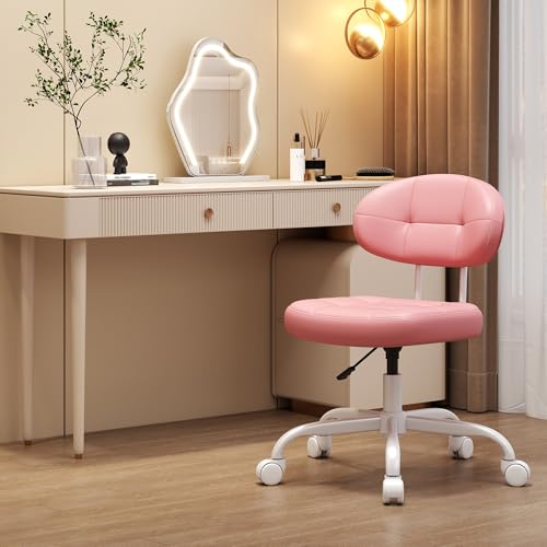 Image of Misolant Vanity Chair with Back, Small Armless Cute Office Chair with Wheels and Lumbar Support, Comfy PU Leather Desk Computer Chairs with Adjustable Height, 360Swivel for Home Bedroom Office, Pink