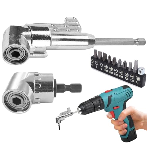 2Pcs Right Angle Drill Attachment with 10PCS Drill Bits,90 Degree Adaptor 105 Degree Right Angle Adapter for Screwing and Drilling in Tight Corner Workspaces for Power Tool