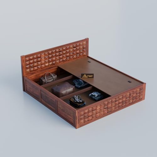 Image of Solid Sheesham Wood Queen Size Bed with Storage Box | Wooden Double Bed for Bedroom | Diamond Design Double Bed Cot Palang for Home | Rosewood, Honey Finish