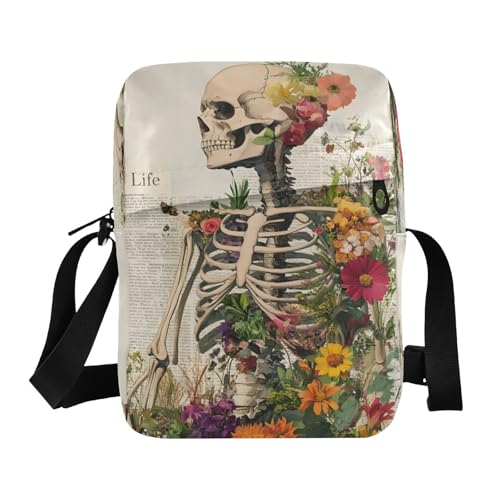Crossbody Bag Gothic Skull Skeleton Newspaper Flower Messenger Bag for Women Men Purse Shoulder Bag Satchel Bag with Adjustable Strap 214B9390