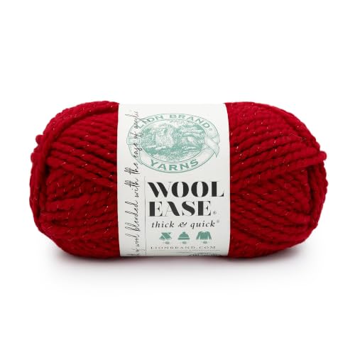 Image of Lion Brand Yarn, Wool-Ease Thick & Quick Ruby Slippers, Red Metallic 1 Pack | Super Bulky Wool Acrylic Blend Fiber for Soft Hats, Sweaters, Chunky Blankets, Yarn for Crochet, Knitting, Crafts, Weaving