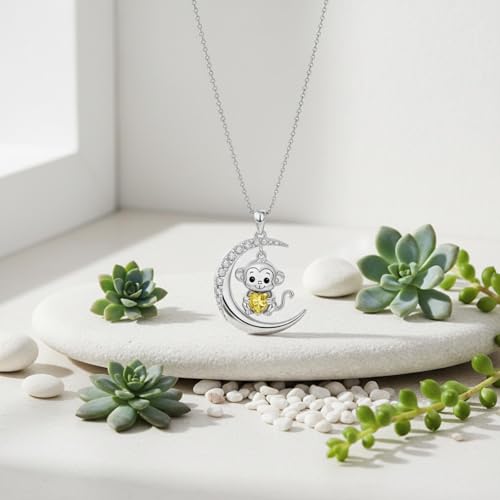 Image of PROESS Animal Birthstone Necklace 925 Sterling Silver Otter /Axolotl /Hippo /Elephant /Dachshund /Monkey /Red Panda Pendant Necklace Animal Birthstone Jewelry Gifts for Women