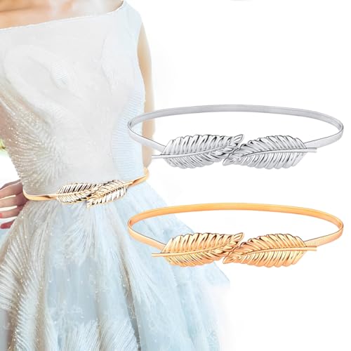 KEWUF 2 Pcs cinturon dorado, Cinturones Elastico Mujer, Metal Cinturon Dorado Oro, Cinturón con Hojas, Cinturón con Nudos Concéntricos Oro, Cinturóns Fino para Boda, Vestido, Fiesta