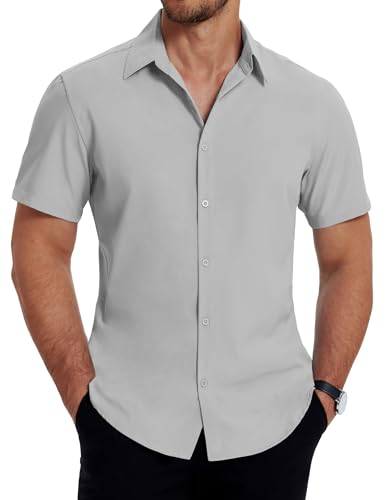 COOFANDY Camisa De Vestir De Manga Corta para Hombre Camisa De Negocios Lisa Camisa Formal EláStica Camisas con Botones para Bodas Camisas De Verano Gris Claro M