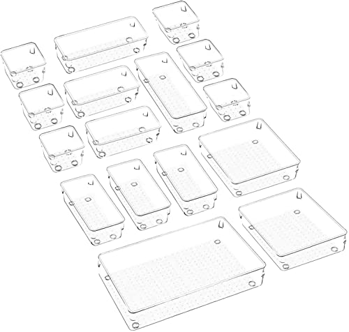 Image of Desk Drawer Organizers Trays Set Clear Plastic Storage Bins Bathroom Drawer Tray Dividers Vanity Trays Organizer for Bedroom Dresser Makeup Kitchen Utensil Office (16pc Set)