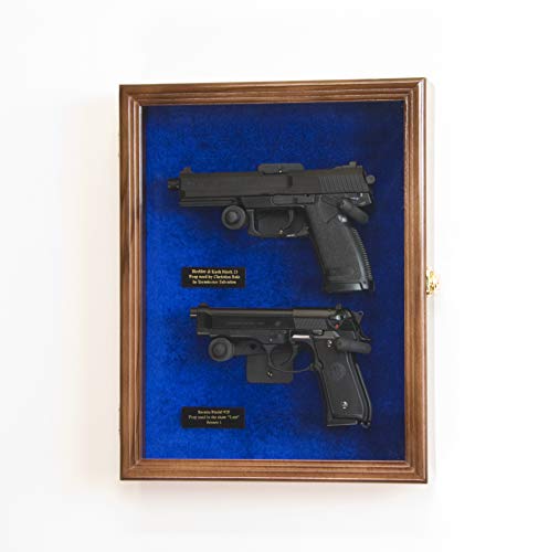 Large/Double 2 Pistol Handgun Revolver Gun Display Case Cabinet Rack Shadowbox (Walnut Finish, Blue Background)
